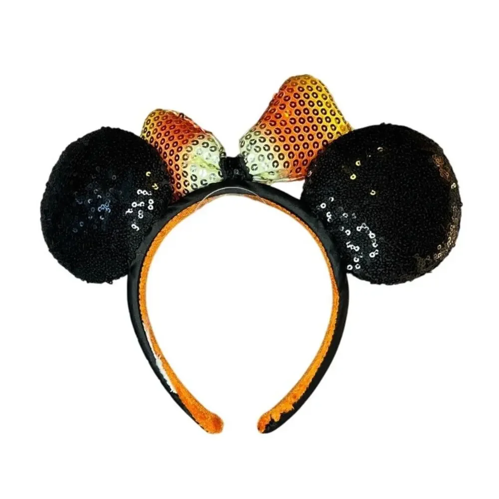 Disney Candy Corn Sequin Mouse Ears Headband Halloween Black Orange Bow